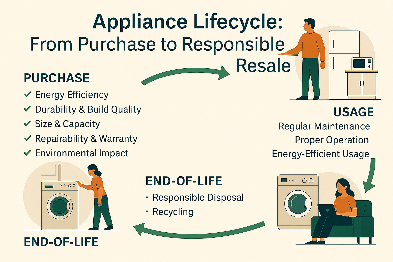 A flat-design infographic titled "Appliance Lifecycle: From Purchase to Responsible Resale" in landscape orientation. It visually represents four main phases of an appliance’s lifecycle arranged in a circular flow: Purchase, Usage, Resale, and End-of-Life. Each phase includes a list of best practices: Purchase: Energy Efficiency, Durability & Build Quality, Size & Capacity, Repairability & Warranty, Environmental Impact. Illustrated with a person choosing appliances like a washing machine and refrigerator. Usage: Regular Maintenance, Proper Operation, Energy-Efficient Usage. Depicted with a person using a washing machine. Resale: Inspect & Clean, Sell or Donate. Shown with a person sitting on a couch with a laptop beside a washing machine. End-of-Life: Responsible Disposal, Recycling. Illustrated with a person preparing an appliance for recycling. Green arrows connect each phase, emphasizing a sustainable and circular appliance lifecycle.