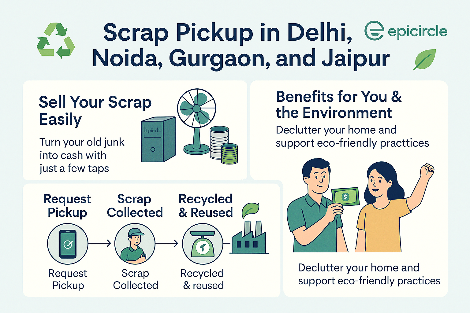 Epicircle infographic showing how to sell scrap online in Delhi, Noida, Gurgaon, and Jaipur with doorstep pickup, instant payment, and eco-friendly recycling process. sell scrap online Delhi, online scrap pickup Noida, scrap collection Gurgaon, scrap recycling Jaipur, Epicircle scrap service, eco-friendly scrap disposal, doorstep scrap pickup India, waste to wealth infographic, circular economy India