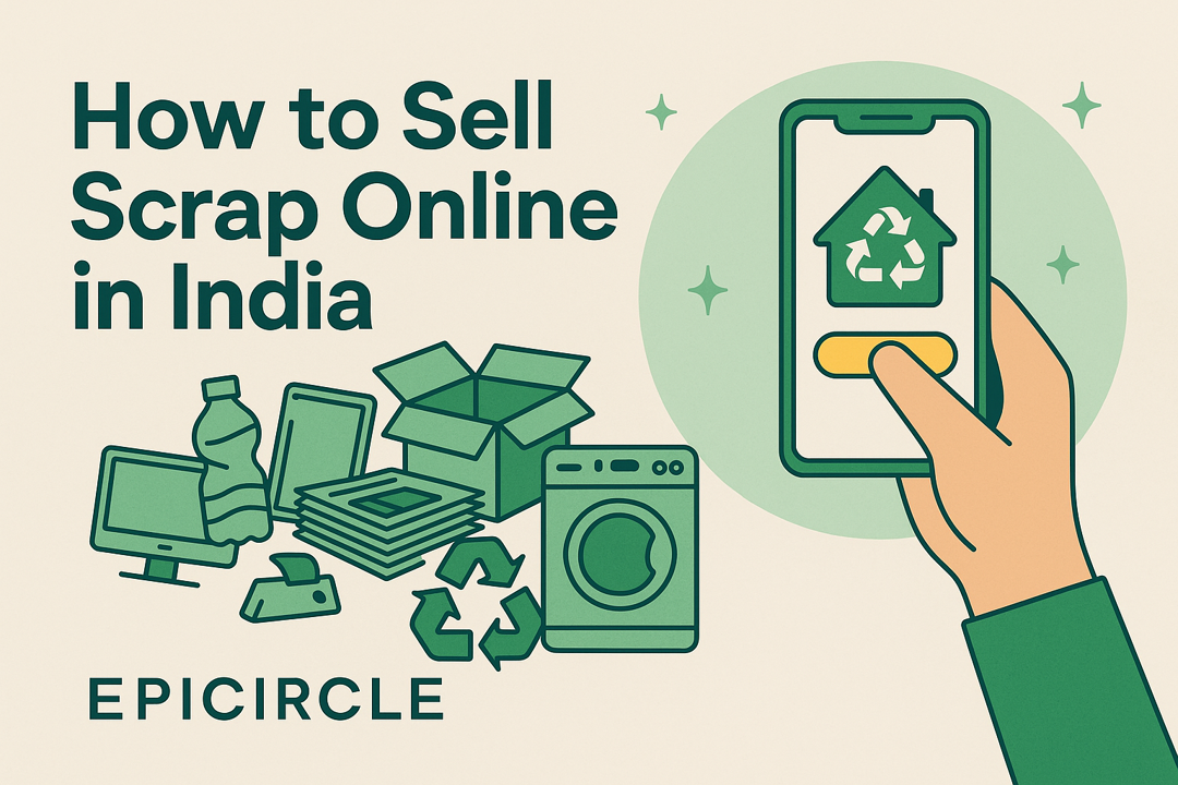"Illustration showing a hand using a smartphone with a recycling symbol on screen, surrounded by various scrap items like plastic bottles, newspapers, cardboard boxes, electronics, and a washing machine, with the title 'How to Sell Scrap Online in India' and the Epicircle logo."