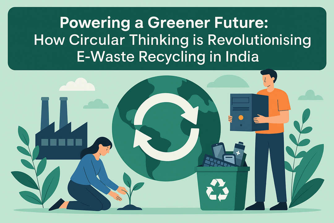 Illustration of circular economy and e-waste recycling in India showing eco-friendly electronic waste disposal, green technology, and sustainable practices with people recycling gadgets and planting trees.